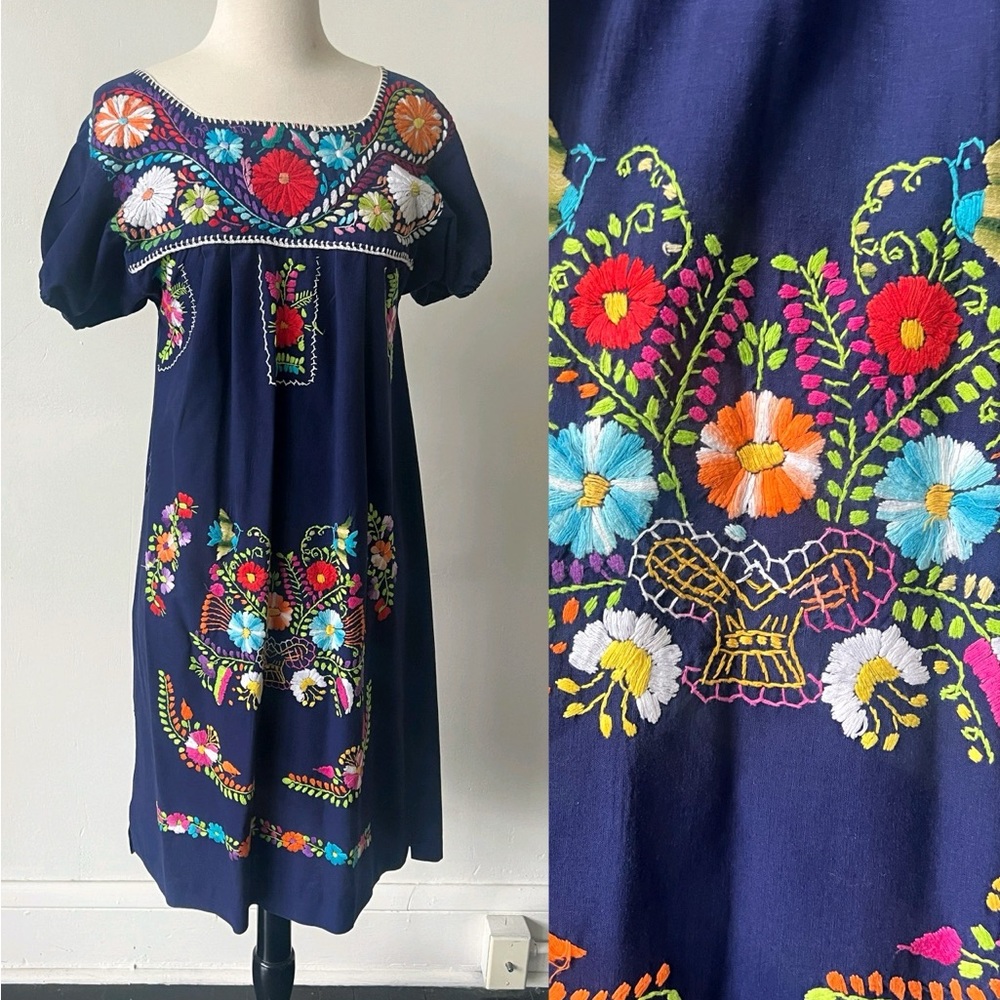 Vintage Oaxacan Navy Blue Embroidered Midi Dress 1970’s Mexican Floral Dress